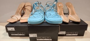 30 X BRAND NEW MISSGUIDED MIXED SHOE LOT TO INCLUDE SQAURE TOE HIGH HEELS IN BLACK - COURT SHOES IN CLEAR - POINTED TOE STILETTOS IN NUDE - CROCHET TIE UP HEELED SANDALS ETC IN SIZE 8