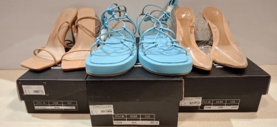 30 X BRAND NEW MISSGUIDED MIXED SHOE LOT TO INCLUDE SQAURE TOE HIGH HEELS IN BLACK - COURT SHOES IN CLEAR - POINTED TOE STILETTOS IN NUDE - CROCHET TIE UP HEELED SANDALS ETC IN SIZE 8