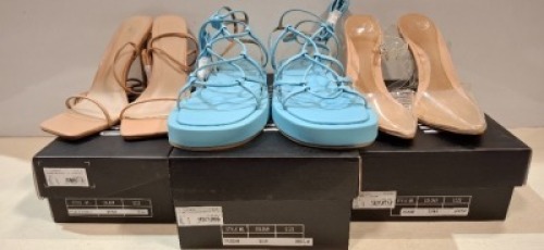 30 X BRAND NEW MISSGUIDED MIXED SHOE LOT TO INCLUDE SQAURE TOE HIGH HEELS IN BLACK - COURT SHOES IN CLEAR - POINTED TOE STILETTOS IN NUDE - CROCHET TIE UP HEELED SANDALS ETC IN SIZE 8