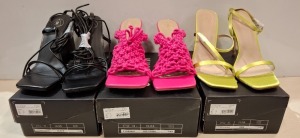 30 X BRAND NEW MISSGUIDED MIXED SHOE LOT TO INCLUDE SQUARE HIGH HEELS IN SAND - CROCHET TIE UP HEELED SANDAL IN PINK - SQAURE TOE HEELED SANDALS IN SAND ETC IN SIZE 7