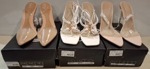 30 X BRAND NEW MISSGUIDED MIXED SHOE LOT TO INCLUDE POINTED TOE STILLETTOS IN NUDE - GLADIATOR SANDALS IN SAND - BLOCK HEEL SANDALS IN BLACK ETC ALL IN SIZE 7
