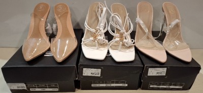 30 X BRAND NEW MISSGUIDED MIXED SHOE LOT TO INCLUDE POINTED TOE STILLETTOS IN NUDE - GLADIATOR SANDALS IN SAND - BLOCK HEEL SANDALS IN BLACK ETC ALL IN SIZE 7