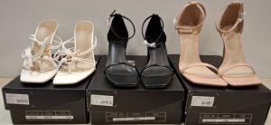 30 X BRAND NEW MISSGUIDED MIXED SHOE LOT TO INCLUDE MID HEEL BLOCK BARLEY THERE FAUX LEATHER IN BLACK - SQAURE TOE PATTERN HEELED SANDAL - STRAP ROING HEELED SANDALS ETC IN SIZE 6