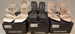 30 X BRAND NEW MISSGUIDED MIXED SHOE LOT TO INCLUDE POINTED TOE PATTERNED IN NUDE - SQAURE TOE HIGH HEELS IN WHITE - SQAURE TOE TIE UP SANDAL SIN BLACK ETC ALL IN SIZE 5