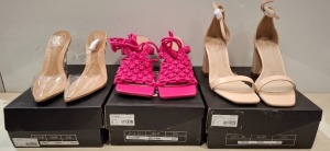 30 X BRAND NEW MISSGUIDED MIXED SHOE LOT TO INCLUDE TIE UP HEELED SANDALS - HIGH HEEL BLOCK SANDALS - MID HEEL SHOES - MID HEEL FAUX LEATHER SHOES ETC ALL IN SIZE 4