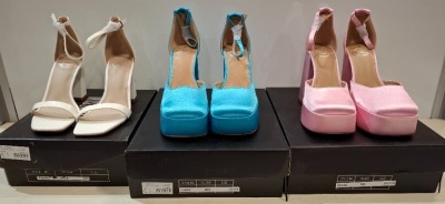 30 X BRAND NEW MISSGUIDED MIXED SHOE LOT TO INCLUDE HIGH HEEL SANDALS - MID CLEAR SANDALS - SATIN HEELED SHOES - MID HEELED SANDALS ETC ALL IN SIZE 4