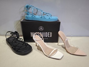 30 X BRAND NEW MISSGUIDED MIXED SHOE LOT TO INCLUDE CHUNKY FLATFORM SANDALS, POINTED TOE STILETTO IN BLUE, PINK, BLACK, SAND ETC IN SIZE 8