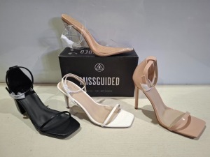 30 X BRAND NEW MISSGUIDED MIXED SHOE LOT TO INCLUDE BARELY THERE LOW HEEL SANDALS, MID HEEL BLOCK BARELY THERE FAUX LEATHER, SQUARE TOE PATENT HEELED SANDAL IN SAND, BLACK, WHITE ETC IN SIZE 7