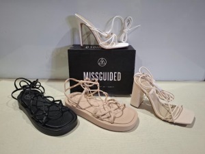 30 X BRAND NEW MISSGUIDED MIXED SHOE LOT TO INCLUDE CHUNKY FLATFORM GLADIATOR SANDAL, STRAPPY RING DETAIL HEELED SANDAL IN WHITE, SAND, BLACK, CREAM ETC IN SIZE 7, 6