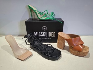 30 X BRAND NEW MISSGUIDED MIXED SHOE LOT TO INCLUDE SQUARE TOE PERSPEX HIGH HEEL MULES, POINTED TOE LACE UP BARELY THERE SATIN, CHUNKY FLATFORM GLADIATOR SANDAL IN BLACK, SAND, PINK, ORANGE ETC IN SIZE 6