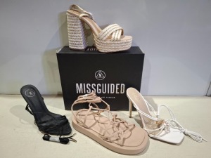30 X BRAND NEW MISSGUIDED MIXED SHOE LOT TO INCLUDE EXTREME PLATFORM RAFFIA HEELED SANDAL, SQUARE TOE PERSPEX HIGH HEEL MULES, CHUNKY FLATFORM GLADIATOR SANDAL IN BLACK, SAND, WHITE, CREAM ETC IN SIZE 6