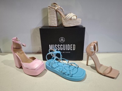 30 X BRAND NEW MISSGUIDED MIXED SHOE LOT TO INCLUDE EXTREME PLATFORM RAFFIA HEELED SANDAL, EXTREME PLATFORM SATIN HEELED SHOE, SQUARE TOE PATENT HEELED SANDAL IN SAND, BLUE, GREEN, PINK, CREAM ETC IN SIZE 5