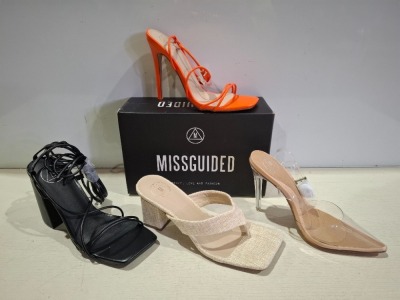 30 X BRAND NEW MISSGUIDED MIXED SHOE LOT TO INCLUDE PERSPEX SQUARE TOE WEDGE HEEL, BLOCK HEEL TIE UP HEELED SANDAL, ASSYM STRAPPY HEELED SANDAL IN ORANGE, NUDE, BLACK, CLEAR ETC IN SIZE 4