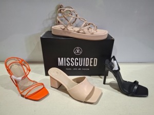 30 X BRAND NEW MISSGUIDED MIXED SHOE LOT TO INCLUDE PERSPEX SQUARE TOE WEDGE HEEL, EXTREME PLATFORM SATIN HEELED SHOE, WF SQUARE TOE BLOCK HEEL MULE SANDALS IN SAND, BLUE, NUDE, PINK ETC IN SIZE 3, 4