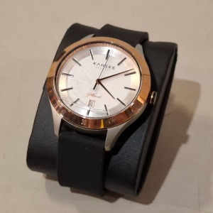 3 X BRAND NEW KANSKE DENMARK KANT AUTOMATIC (KINETIC) WATCHES WHITE FACE / ROSE GOLD - SILVER COLOURED BEZEL / BLACK STRAP ORIG RRP £299 - TOTAL £897