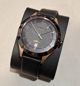 3 X BRAND NEW KANSKE DENMARK KANT AUTOMATIC (KINETIC) WATCHES BLACK FACE / ROSE GOLD - BLACK COLOURED BEZEL / BLACK STRAP ORIG RRP £299 - TOTAL £897