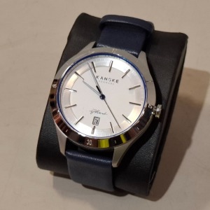 3 X BRAND NEW KANSKE DENMARK KANT AUTOMATIC (KINETIC) WATCHES WHITE FACE / SILVER COLOURED BEZEL / NAVY BLUE STRAP ORIG RRP £299 - TOTAL £897