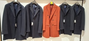 5 X BRAND NEW DAN JOHN COATS 4 IN NAVY BLUE IN SIZES 58 , 54 , 52 , 48 AND ONE IN RED IN SIZE 54 - RRP EACH £150 - TOTAL RRP £750