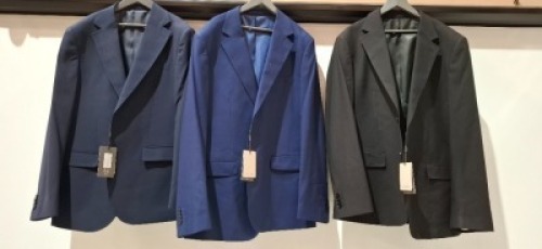 5 X BRAND NEW MIXED DAN JOHN SUIT BLAZERS LOT TO INCLUDE 3X IN NAVY IN SIZES 50-56-60 , 1X IN LIGHT BLUE IN SIZE 54 AND 1 IN BLACK IN SIZE 52 - RRP- EACH &pound;130