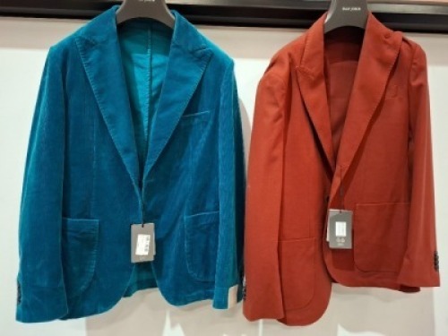 5 X BRAND NEW MIXED DAN JOHN SUIT BLAZERS LOT TO INCLUDE 3X IN TEAL IN SIZES 48,50 , 2X IN BURGUNDY RED IN SIZES 44,50 - RRP EACH &pound;130