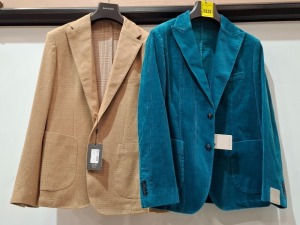 5 X BRAND NEW MIXED DAN JOHN SUIT BLAZERS LOT TO INCLUDE 4 X IN LIGHT BROWN IN SIZES 50,54,56,58 AND 1X IN TEAL IN SIZE 52 - RRP EACH £130