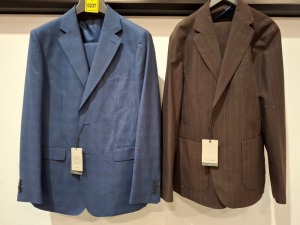 5 X BRAND NEW MIXED DAN JOHN SUIT BLAZERS WITH MATCHING TROUSERS LOT TO INCLUDE 4 X IN BROWN IN SIZES 48,50 AND 1X IN BLUE IN SIZE 52 - RRP EACH £130