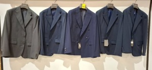 5 X BRAND NEW MIXED DAN JOHN SUIT BLAZERS LOT TO INCLUDE 4 X NAVY BLUE IN SIZES 52 , 50 , 38 AND 1 X GREY IN SIZE 54 - RRP EACH £130