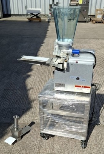 STAINLESS STEEL AUTOMATIC JAPANESE GYOZA DUMPLING MAKING MACHINE ON A PORTABLE STAND AND AN ATTACHMENT