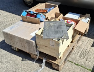MISC LOT FROM A CARTERING COMPANY ON A PALLET INC. FULL CRATE OF STAINLESS STEEL DRIP TRAYS. AIR DUSTER GUNS, LED LIGHTING, GLOVES, CHEF COATS, CHOPPING BOARDS, FLAT PACK BOXES ETC.