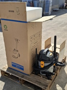 BRAND NEW WEIJIESI XDI-3 WALK BEHIND AUTO FLOOR SCRUBBER, SPARE SCRUBBING HEAD, 2 BOTTLES OF CLEANING SOLUTION PLUS A TITAN VACUUM CLEANER