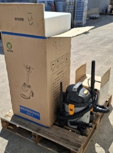 BRAND NEW WEIJIESI XDI-3 WALK BEHIND AUTO FLOOR SCRUBBER, SPARE SCRUBBING HEAD, 2 BOTTLES OF CLEANING SOLUTION PLUS A TITAN VACUUM CLEANER
