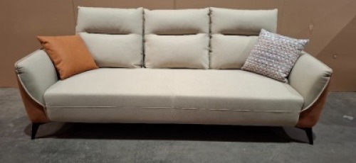 1 X LINSY THREE - SEATER SOFA WITH STORAGE POCKETS ON BOTH SIDES IN BROWN AND BEIGE IN SIZE L 220 X D 90 X H 93 ( MODEL NUMBER S0P8-A ) (NOTE EX DISPLAY )