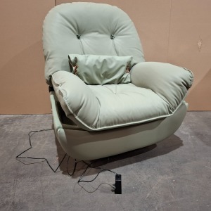 1 X BRAND NEW IN BOX LINSY ELECTRICAL ARMCHAIR IN GREEN - FUNCTION LIST : BLUETOOTH PLAYING SWAYING BACK AND FORTH ROTATING LEFT AND RIGHT 360 LUMBAR PILLOW WITH SMALL BLANKET INSIDE MOBILE PHONE STAND BLUETOOTH SPEAKER SIZE - W 95 X D 100 X H 105 C