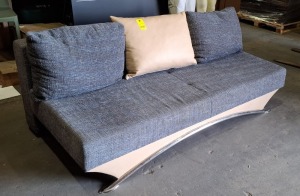 1 X USED 3-SEATER SOFA BED IN CREAM LEATHER LOOK / CHARCOAL FABRIC BED SIZE L 200 X W 145 X 45 SOFA SIZE 200 X W 95 X H 72 (NOTE CHROME BASE SLIGHTLY ERODED
