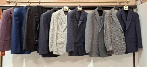 25 X BRAND NEW MIXED CLOTHING LOT TO INCLUDE 4 LUTWYCHE BLAZERS IN VARIOUS STYLES IN NAVY BLUE IN SIZES 40,50 , HUGO BOSS BLAZER IN BLACK IN SIZE 52 , SKOPES BLAZER IN BLUE IN SIZE 44 , VARIOUS TROUSERS IN GREY/NAVY BLUE IN SIZES 34,36,39,40 ETC ON A FULL