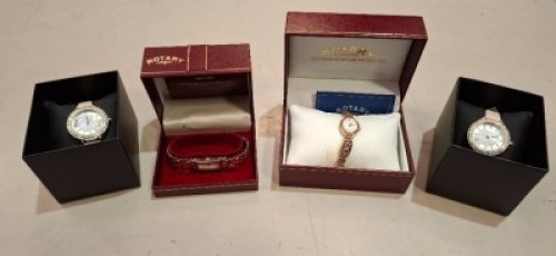 4 X LADIES WATCHES TO INCLUDE 1 X ROTARY OVA; GOLD PLATED BRACELET WATCH, 1 X MOTHER OF PEARL HEXAGONAL WATCH & 2 X OASIS MOTHER OF PEARL DIAMANTE LEATHER STRAP WATCH