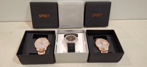 3 X LADIES SPIRIT WATCHES TO INCLUDE, 1 X BLACK FACE AND BLACK STRAP, 2 X SILVER FACE AND GOLD STRAPS.
