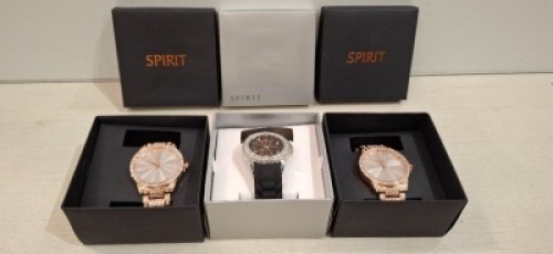3 X LADIES SPIRIT WATCHES TO INCLUDE, 1 X BLACK FACE AND BLACK STRAP, 2 X SILVER FACE AND GOLD STRAPS.