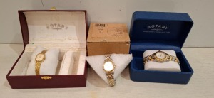 3 X LADIES WATCHES TO INCLUDE, 2 X ROTARY GOLD PLATED AND SILVER BRACELET WATCH & 1 X GOLD ROTARY WATCH.