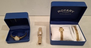 3 X LADIES WATCHES TO INCLUDE 1 X ROTARY LADIES GOLD PLATED WATCH AND BRACELET SET, 1 X ROTARY LADIES GOLD PLATED WATCH & 1 X ROTARY GOLD PLATED HEXAGONAL DIAMANTE BRACELET WATCH.