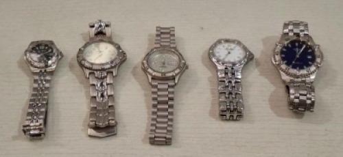 5 X MIXED WATCHES TO INCLUDE 2 X CHATEAU SILVER STRAP WATCH, 1 X EISENNEGER SILVER STRAP WATCH, 1 X SUBZERO SILVER STRAP WATCH & 1 X ELLESSE SILVER STRAP BRACELET WATCH.
