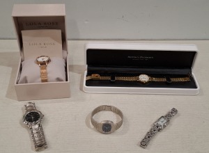 5 X LADIES WATCHES TO INCLUDE, 1 X SILVER STRAP HEXAGONAL BRACELET WATCH, 1 X SILVER STRAP SQUARE BRACELET DRESS WATCH, 1 X LOLA ROSE, ROSE COLOURED GOLD PLATED BRACELET WATCH, 1 X PIERRE NICOLE LADIES SILVER STRAP BRACELET WATCH & 1 X LADIES ROTARY GOLD 