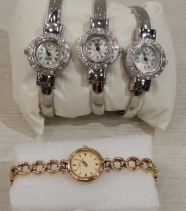 4 X LADIES WATCHES TO INCLUDE, I X GOLD ROTARY BRACELET WATCH & 3 X CENSI COLLECTION SILVER BANGLE WATCH.