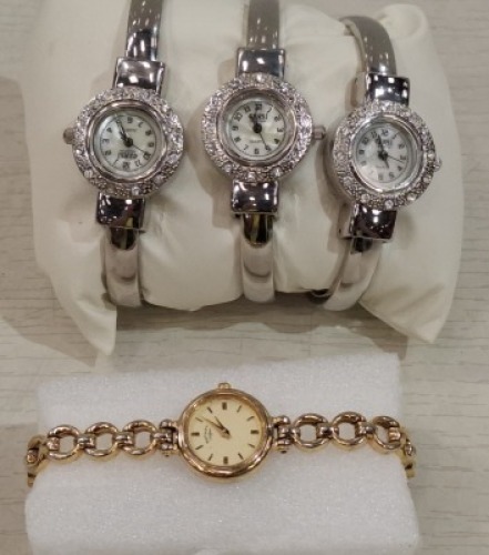 4 X LADIES WATCHES TO INCLUDE, I X GOLD ROTARY BRACELET WATCH & 3 X CENSI COLLECTION SILVER BANGLE WATCH.