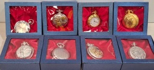 8 X QUARTZ POCKET WATCHES IN VARIOUS STAYLES AND COLOURS.