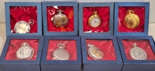 8 X QUARTZ POCKET WATCHES IN VARIOUS STAYLES AND COLOURS.