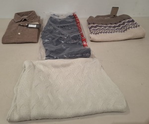 20 X BRAND NEW DAN JOHN MIXED CLOTHING LOT TO INCLUDE BEANIE HATS - CASHMERE SCARFS - KNITTED JUMPERS - SHIRTS ETC ALL IN VARIOUS SIZES