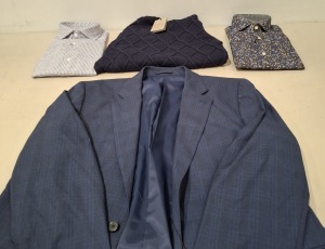 20 X BRAND NEW DAN JOHN MIXED CLOTHING LOT TO INCLUDE BUTTONED SHIRT IN DENIM BLUE IN SIZE 42 SLIM FIT , JUMPER IN NAVY BLUE IN SIZE SMALL , BLAZER IN GREEN IN SIZE 46 ETC IN ONE TRAY ( NOTE - TRAY NOT INCLUDED)