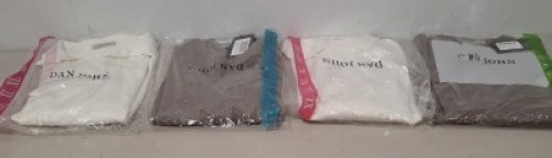 20 X BRAND NEW DAN JOHN MIXED CLOTHING LOT TO INCLUDE TURTLE NECK JUMPERS IN BLACK IN SIZE L , SWEATSHIRT IN BROWN IN SIZE M , V NECK JUMPER IN WHITE IN XL ETC IN ONE TRAY (NOTE - TRAY NOT INCLUDED)
