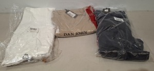 20 X BRAND NEW DAN JOHN MIXED CLOTHING LOT TO INCLUDE JEANS IN WHITE IN SIZE 48 , TROUSERS IN BROWN IN SIZE 58 , JEANS IN NAVY BLUE IN SIZE 50 ETC IN ONE TRAY (NOTE - TRAY NOT INCLUDED)